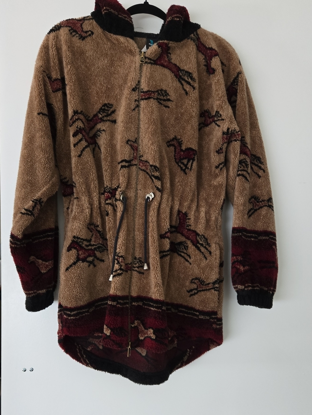 Vintage Fleece Jacket with Horse Print - Brown & Maroon